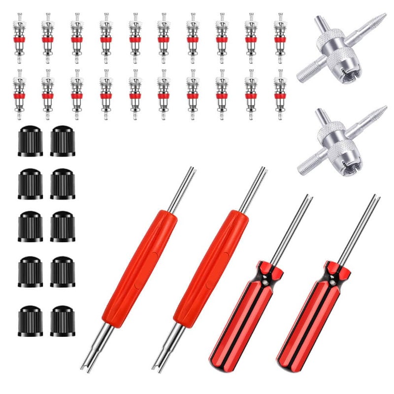 Riseuvo 6Pcs Tire Valve Stem Removal Tool - Single and Double Heads Valve Core Remover, 4-Way Valve Tool Great Tire Repair Tool, 10pcs Valve Stem Caps, 20pcs Valve Stem Core - Image 1